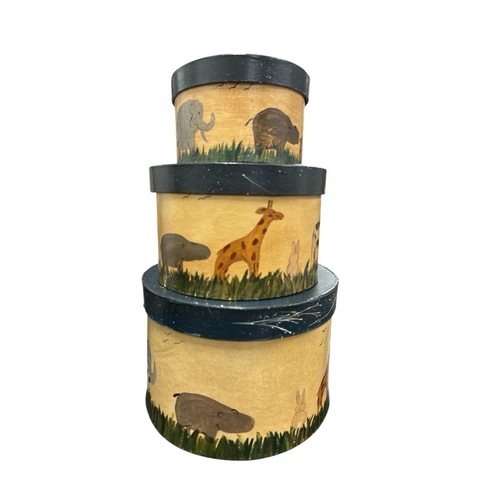 Vintage Hand-painted Nesting Box 3 PC Set With Animals Nursery Farmhouse Decor - Picture 8 of 11